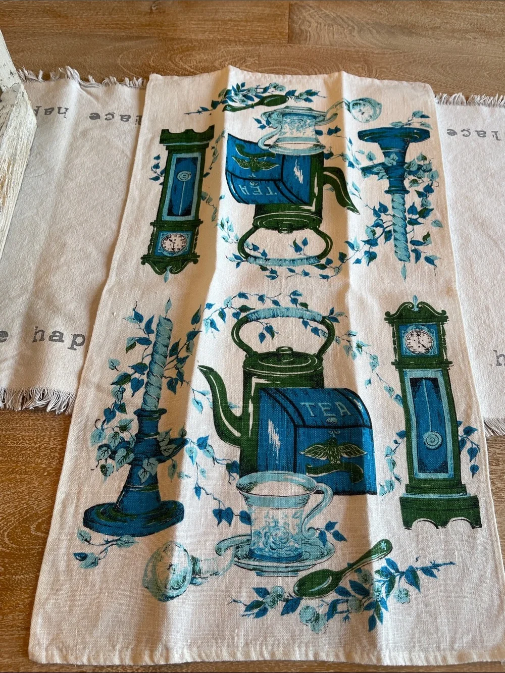 Vintage Tea Time Kitchen Tea Towel - Blue & Green